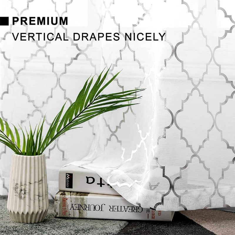Kotile Silver White Sheer Curtains 72 Inch Length 2 Panels Metallic Moroccan Ogee Pattern Shimmer White Curtains for Bedroom, Rod Pocket Light Filtering Privacy Sheer Window Curtains, W52 x L72 Inch - Image 5